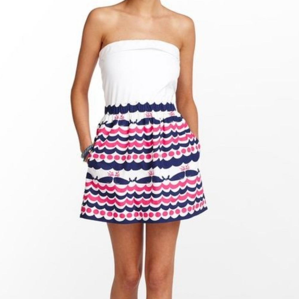 Lilly Pulitzer White Navy Pink Strapless Patterned Sundress